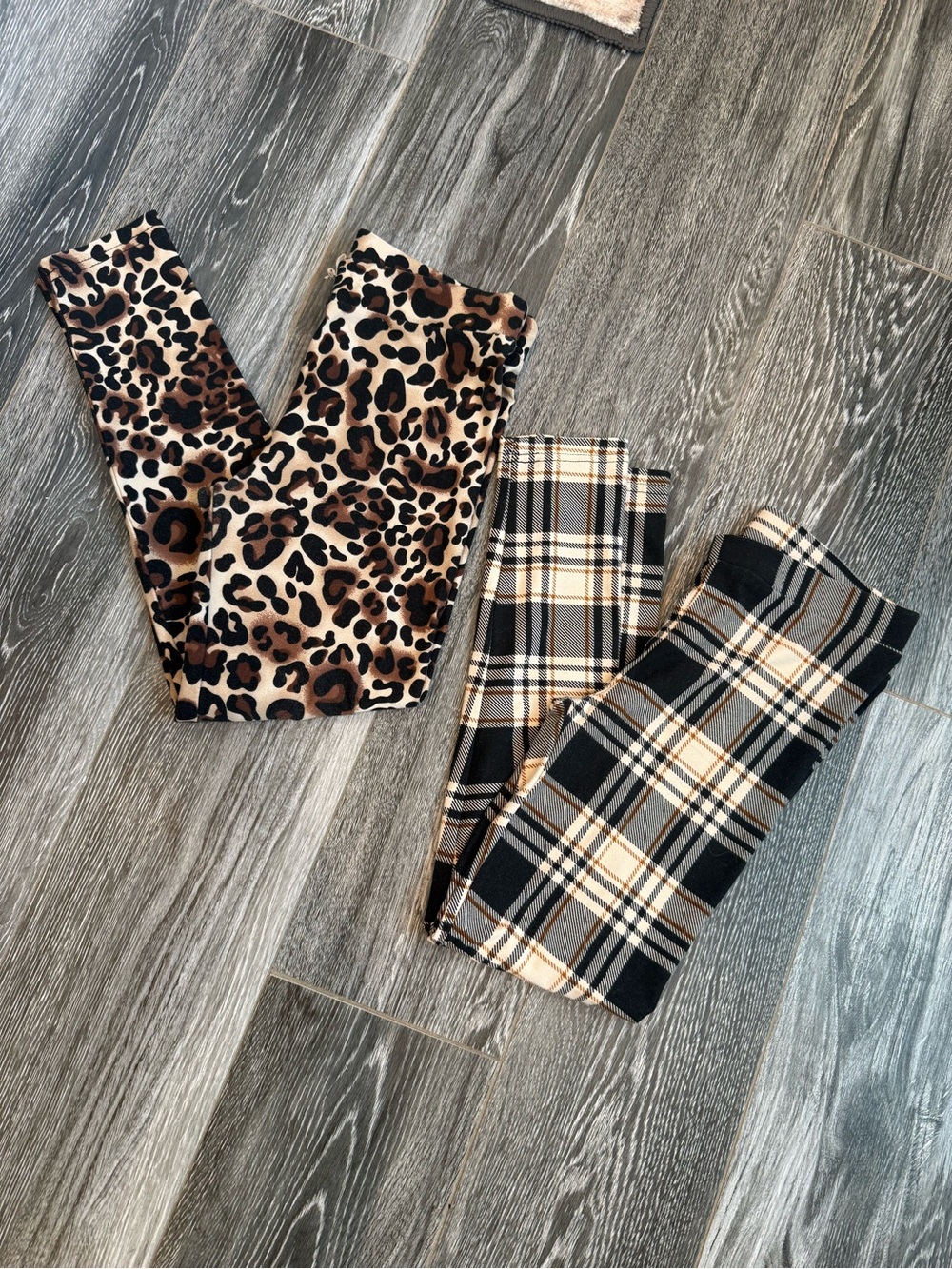 Kids Leopard Print and Plaid Leggings Set - Brown/Black